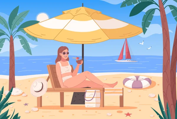 Beach Activities Flat Cartoon Woman Taking Sun Bath Vector Illustration — Vettoriale Stock