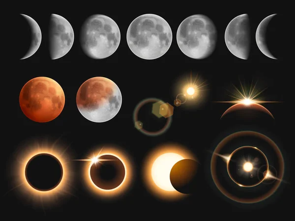 月蚀阶段现实地与月亮和太阳在不同的位置孤立矢量插图 — 图库矢量图片