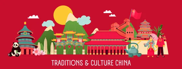 China Viajar Banner Plana Com Marcos Tradicionais Símbolos Culturais Ilustração — Vetor de Stock