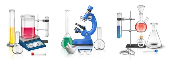 様々な実験室設備を備えた分離組成物の現実的な実験室セット顕微鏡と試験管スタンドベクトルイラスト — ストックベクタ