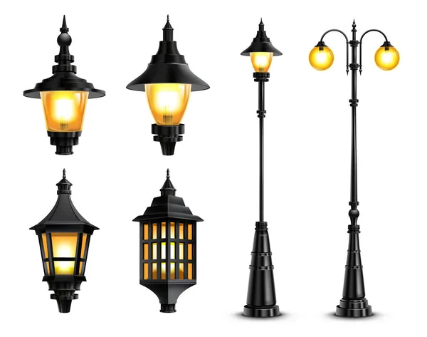 Vintage Utcai Lámpák Lámpaoszlopok Realisztikus Készlet Elszigetelt Fehér Háttér Vektor — Stock Vector