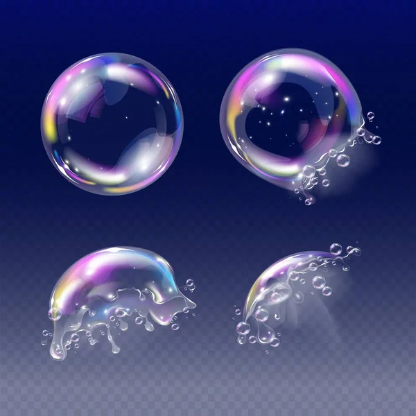 Realistické Mýdlové Pěny Bubliny Různých Fázích Explozi Průhledném Pozadí Izolované — Stockový vektor