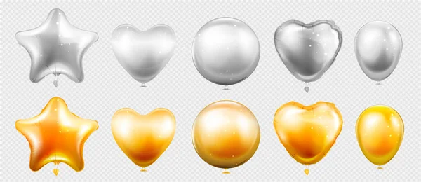 Σετ Μεμονωμένες Εικόνες Ρεαλιστικών Ιπτάμενων Μπαλονιών Χρωματισμένα Χρυσό Και Ασήμι — Διανυσματικό Αρχείο