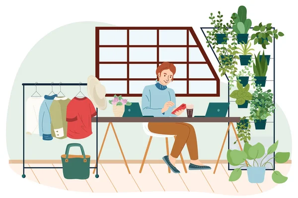 緑の植物ベクトル図と環境に優しいオフィスで働く女性と緑の職場フラットコンセプト — ストックベクタ