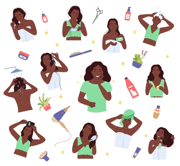 Hair Care Routine Flat Set Black Woman Characters Taking Care — Stock Vector