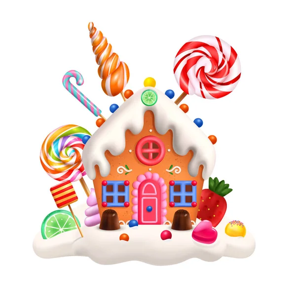 Sweet Gingerbread House Decorated White Glaze Topping Striped Lollipops Fruit — Stock Vector