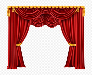 Şeffaf arkaplanı olan gerçekçi perdeler ve kırışık vektör resimli perde kumaşından yapılmış teatral arkaplan