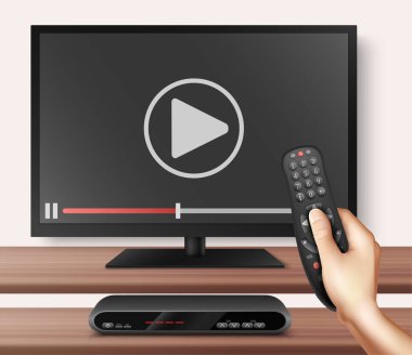 Akıllı TV ve uzaktan kumandalı modern televizyon teknolojisi gerçekçi arka plan. Video iletim vektörü illüstrasyonunu durduruyor.