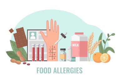 Gıda alerjisi araştırmaları ve alerji ürünleri vektör illüstrasyonuyla besin düzeyi bileşimi