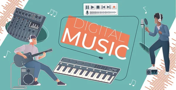 Collage Plano Música Digital Con Personajes Cantante Músico Ondas Sonido — Vector de stock