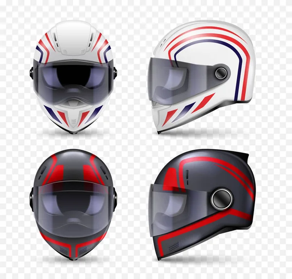 Realistická Helma Motocykl Sada Izolovaných Přední Boční Pohled Obrázky Havarijní — Stockový vektor