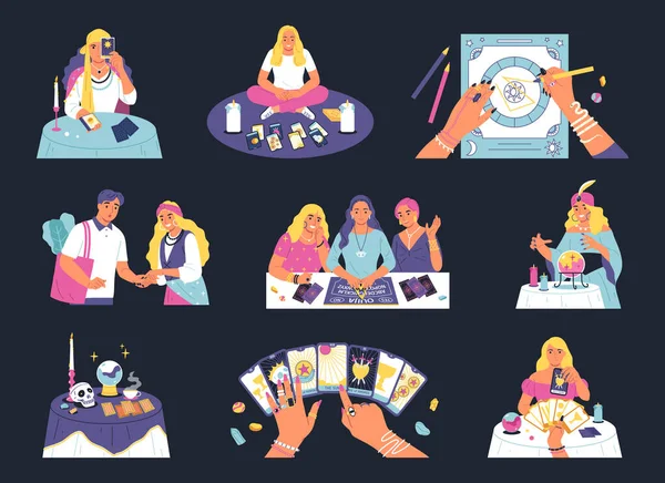 Fortune Telling Color Set Isolated Compositions Doodle Characters Fortune Tellers — Archivo Imágenes Vectoriales