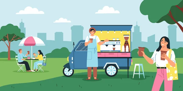 街道食物构成与室外风景 食物卡车与吃饭的人和城市景观矢量的轮廓 — 图库矢量图片