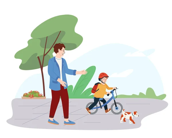 儿童玩具车平面构图与户外风景父亲和儿童骑自行车矢量图的空白背景 — 图库矢量图片