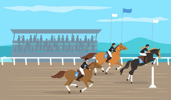 Tre Jockeyer Deltar Hästkapplöpning Med Hinder Platt Vektor Illustration — Stock vektor