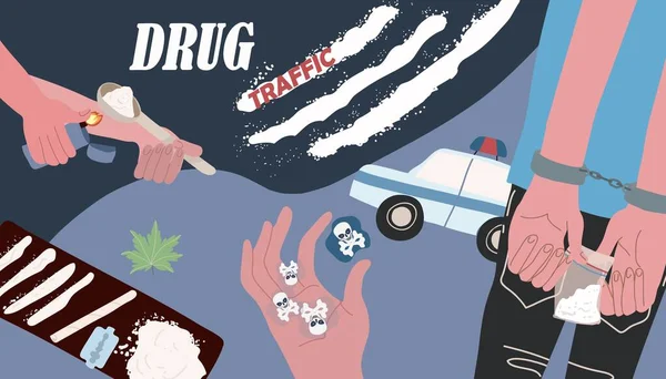 Collage Vendita Droga Con Simboli Del Traffico Illustrazione Vettoriale Piatta — Vettoriale Stock