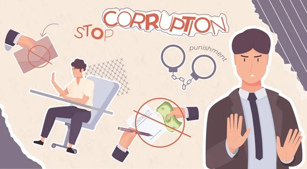 Καταπολέμηση Της Διαφθοράς Σταματήσει Σύνθεση Κολάζ Επίπεδη Εικονίδια Χρήματα Φακέλους — Διανυσματικό Αρχείο