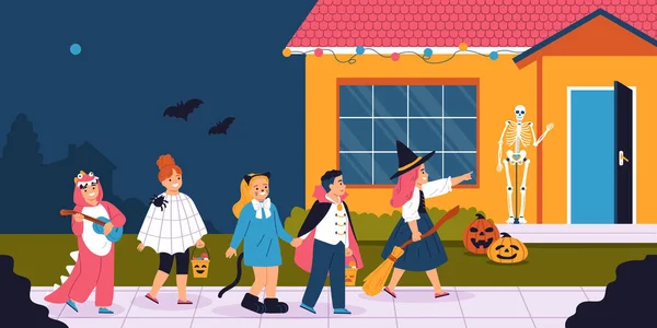 Concept Plat Fête Enfants Avec Des Enfants Costumes Halloween Illustration — Image vectorielle