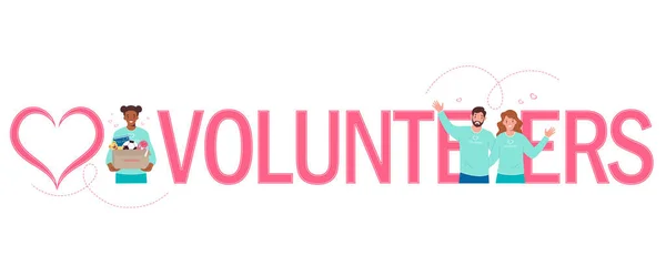 Vrijwilligerswerk Tekst Banner Platte Stijl Met Gelukkige Vrijwilligers Verzamelen Donaties — Stockvector