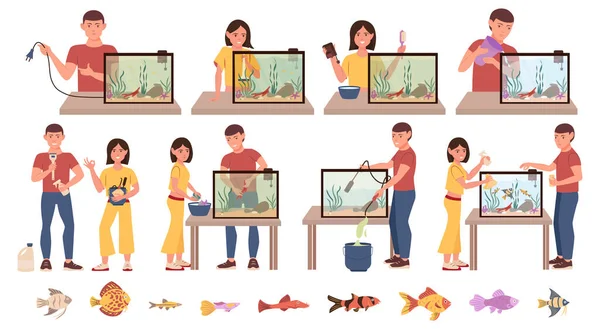水族馆清洁护理公寓 配有孤立的异国情调鱼类图标和带有水族馆设备病媒图解的人 — 图库矢量图片