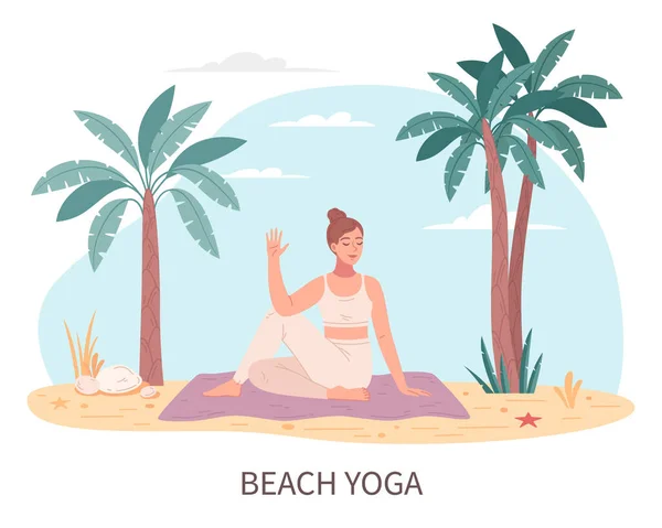 Spiaggia Attività Piatto Cartone Animato Con Donna Che Yoga Riva — Vettoriale Stock