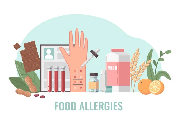 食物アレルギー研究とアレルゲン製品ベクトル図と栄養フラット組成 — ストックベクタ
