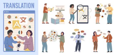 Tercüme hizmeti taşaklı düz kompozisyonu insanları karakterler ve iletişim halindeki yabancı vektör illüstrasyonunun izole edilmiş simgelerini çizer