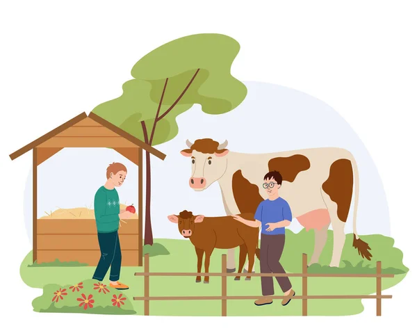 Érintkezés Farm Lapos Összetétele Gyerekekkel Kölcsönhatásba Lépő Tehén Borjú Farmon — Stock Vector