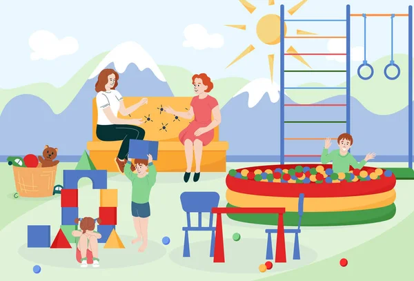 Gyerekszoba Lapos Kompozíció Két Anya Beszél Gondoskodik Játék Gyerekek Vektor — Stock Vector