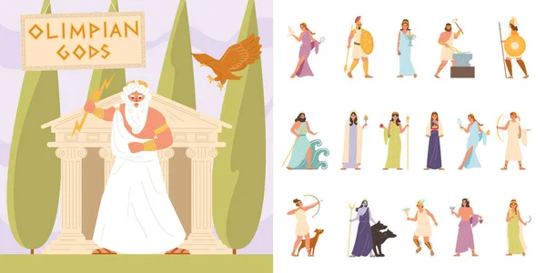 Dieux Olympiques Icônes Plates Avec Des Divinités Grecques Classiques Illustration — Image vectorielle