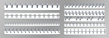 Yalıtılmış metal spiral bağlayıcılar, kağıt tutacağı ikonlarının olduğu gerçekçi resimler, çeşitli şekillerde vektör illüstrasyonları
