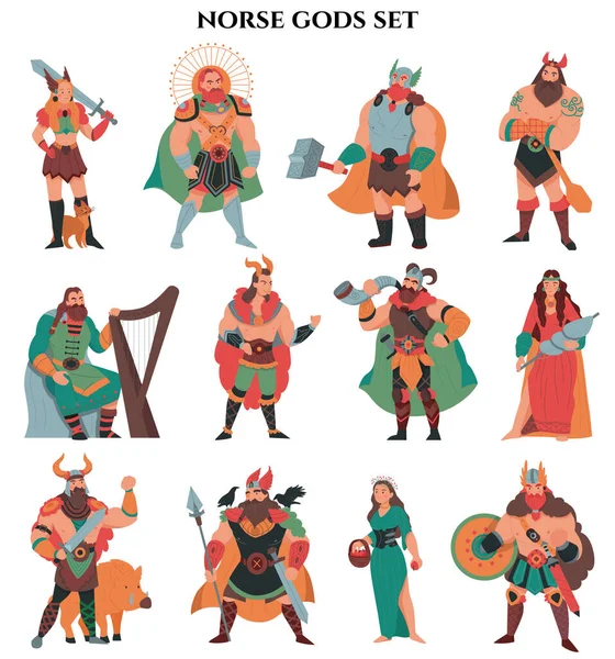黒の背景ベクトル図上の古代の神話の生き物の孤立した漫画スタイルの文字で設定された北欧の神々の色 — ストックベクタ