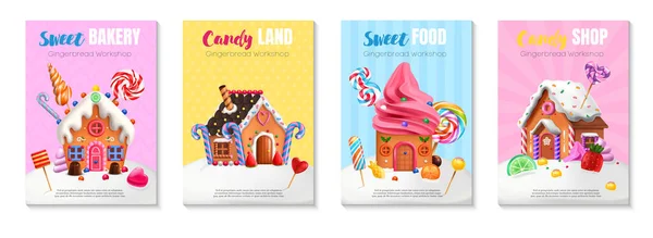Édes Élelmiszer Bolt Édességbolt Plakátok Díszített Torta Házak Máz Topping — Stock Vector