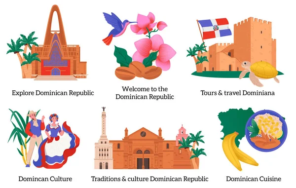 多明尼加共和国平面漫画作品 字幕代表文化传统烹饪 独立矢量插图 — 图库矢量图片
