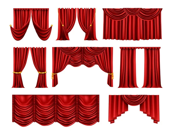 黒の背景ベクトル図上に赤のカーテン生地の背景の孤立したフロントビューの画像と現実的なカーテンセット — ストックベクタ