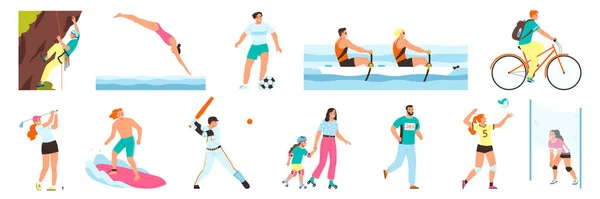 Esportes Verão Conjunto Com Símbolos Recreação Livre Plana Ilustração Vetorial — Vetor de Stock