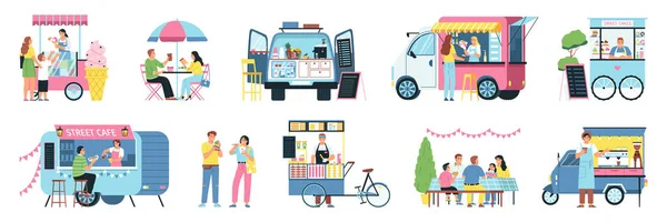 街头食品节 由不同的人物性格组成 吃垃圾食品和食品卡车病媒图解 — 图库矢量图片