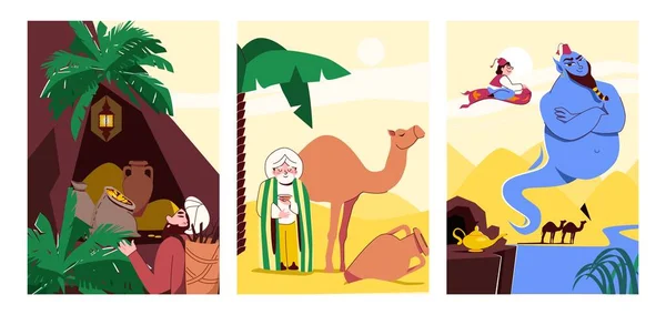 Παραμύθια Επίπεδη Αφίσες Που Απεικονίζει Παλιά Σοφός Άνθρωπος Καμήλα Και — Διανυσματικό Αρχείο