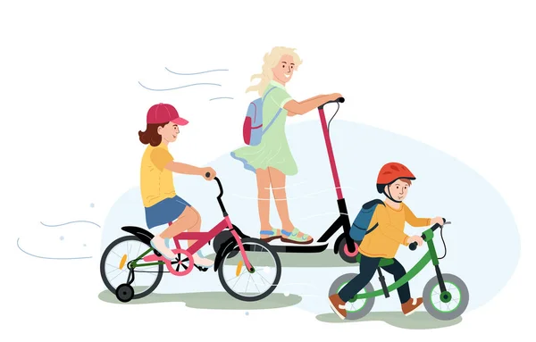 儿童玩具车辆在空白背景下的平面构图 女孩和男孩骑自行车和摩托车矢量图解 — 图库矢量图片