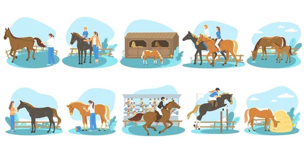 Mensen Paardrijden Zoek Naar Paarden Lopen Race Platte Set Geïsoleerde — Stockvector