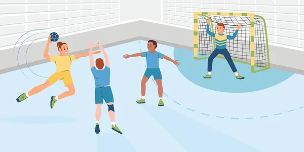 Joueuse Lançant Balle Pendant Match Handball Illustration Vectorielle Plate — Image vectorielle