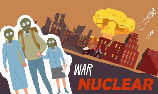 Atomkriegscollage Mit Explosions Und Strahlungssymbolen Flache Vektorillustration — Stockvektor