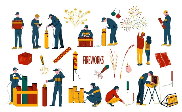 Pyrotechnics Fireworks Launch Flat Icon Set Uniformed Pyrotechnics Fireworks Firecrackers — Stock Vector