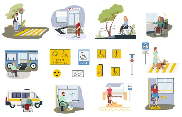 Accessible Environment Icons Set Transport Store Symbols Flat Isolated Vector — Stock Vector