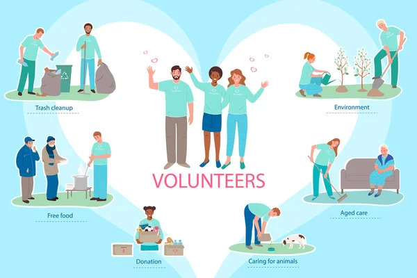 Voluntariado Infográficos Planos Com Voluntários Área Limpeza Trabalhando Sopa Cozinha — Vetor de Stock