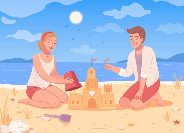 Παραλία Δραστηριότητες Επίπεδη Γελοιογραφία Νεαρό Ζευγάρι Οικοδόμηση Άμμο Κάστρο Διάνυσμα — Διανυσματικό Αρχείο