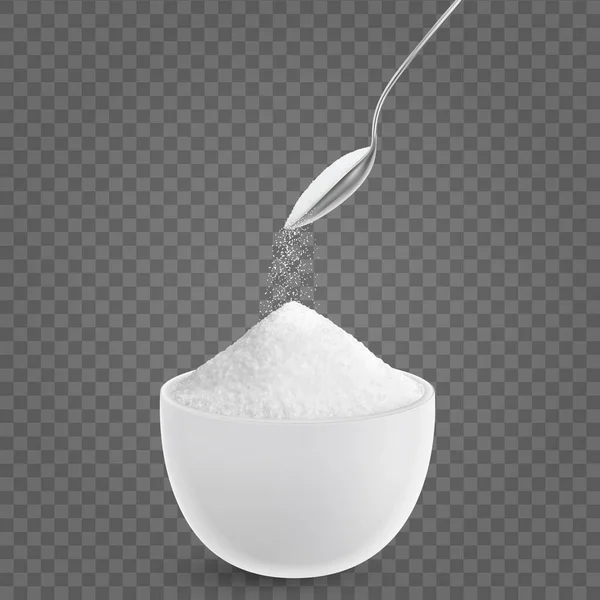 Realistische Salzkomposition Mit Löffel Der Pulver Teller Mit Detaillierten Salzpartikeln — Stockvektor