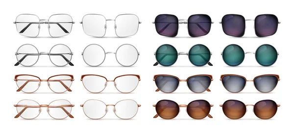 Çeşitli Çerçevelere Merceklere Sahip Güneş Gözlükleri Beyaz Arkaplan Vektör Illüstrasyonunda — Stok Vektör