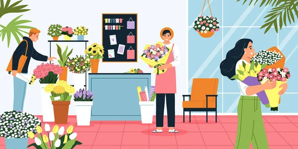 花や植物のシンボルフラットベクトルイラストと花や花屋の店の背景 — ストックベクタ