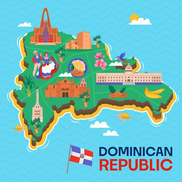 República Dominicana Fundo Azul Com Mapa Ilha Verde Com Marcos — Vetor de Stock